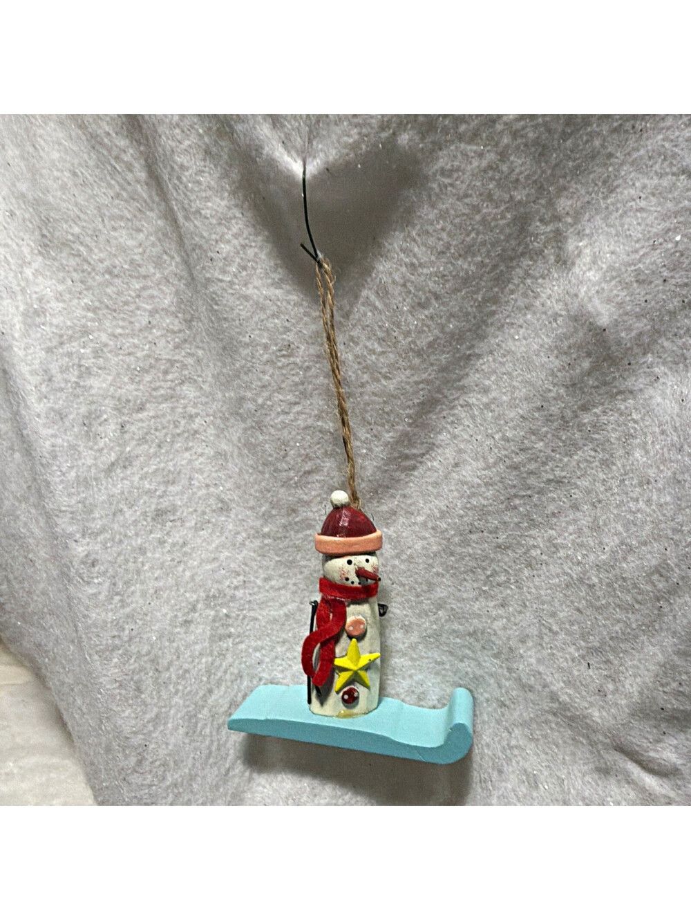 Wooden Snowman on Blue Sled Hanging Multicolor Christmas Ornament